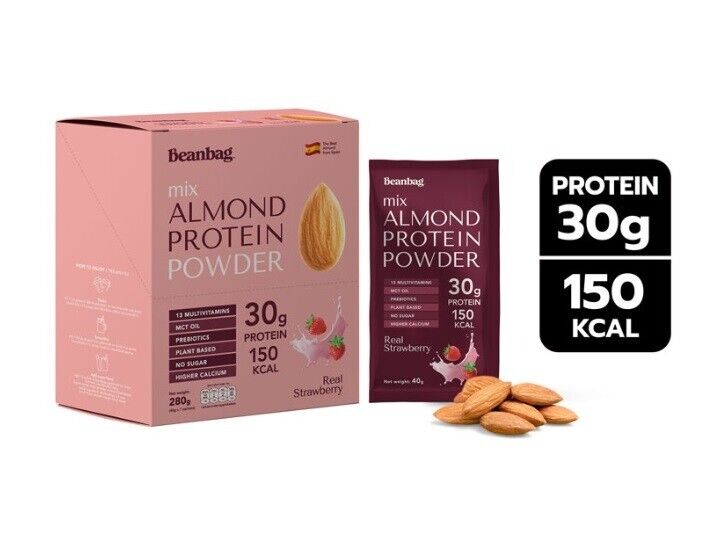 6x Beanbag Almond Protein Powder Real Strawberry High calcium protein vegetarian