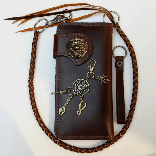 Leather Wallet Men's Dark Brown Vintage Handmade Block Biker Cowboy Long Trifold