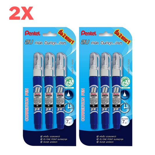 2x Pentel Correction Fluid Pen Liquid Fine Point Quick Dry White 7ml Pack3sticks