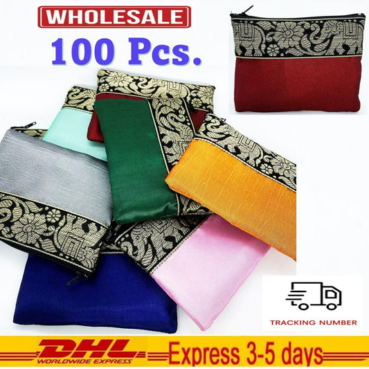 100Pcs Thai Elephant Bag Silk Purse Wallet Coin Card Zipper Souvenir Embroidered