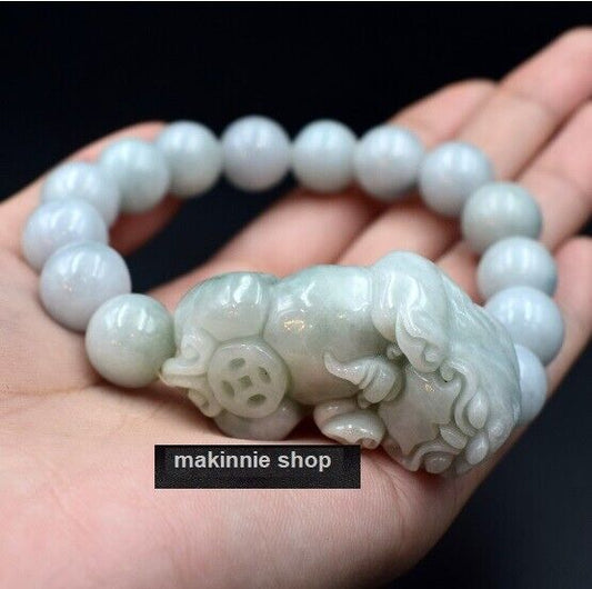 Burmese Jade Stone PIXIU White tone color 12 mm. Bracelet Pixia Wealth fortunate
