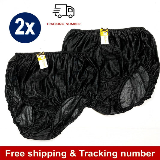 x2 Vintage Panties Nylon Lace Silky Bikini Hi Briefs Knicker Black Underwear LL