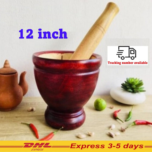 12" Wood Mortar Grinder & Pestle Thai Cooking Tools Papaya Salad Som Tam Spicy