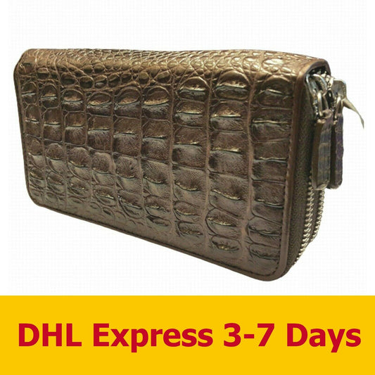 BROWN GENUINE BONE CROCODILE WALLETS SKIN LEATHER TWO ZIPPER WOMEN CLUTCH BAGS