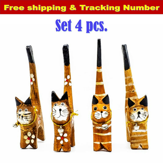 Set of 4 Cat Figurine Vintage Wood Carved Hand Art Painted Statue Wooden Vintage