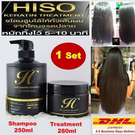 1 Set Hiso Keratin Charcoal Shampoo + Treatment Detox Reduce Loss Hair Strong