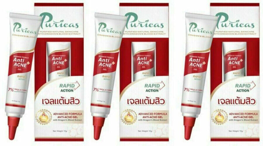 3 x Puricas Dragon Blood Gel Anti Acne Reduce Fade Pimple Red Spots Scars 10g