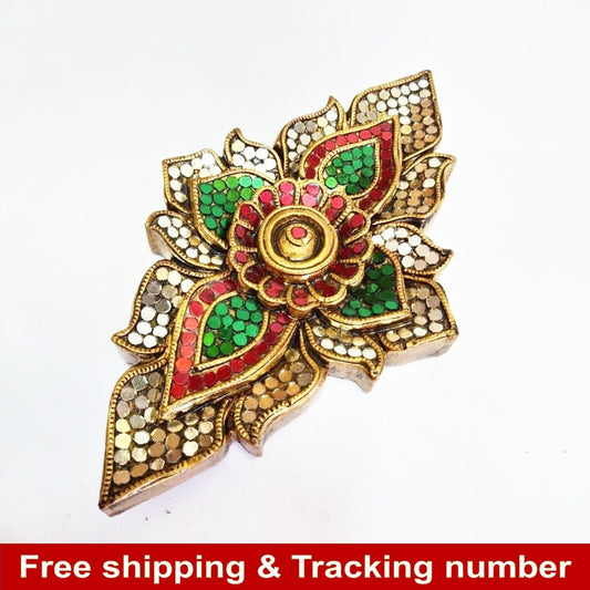 Vintage Wood Carved Wall Panel Thai Handcarve Gilded Stained Glass Home Decorate