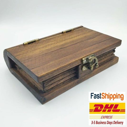 Antique Wooden Box Book Shaped Teak Wood Storage Handmade Trinket Craft Vintage