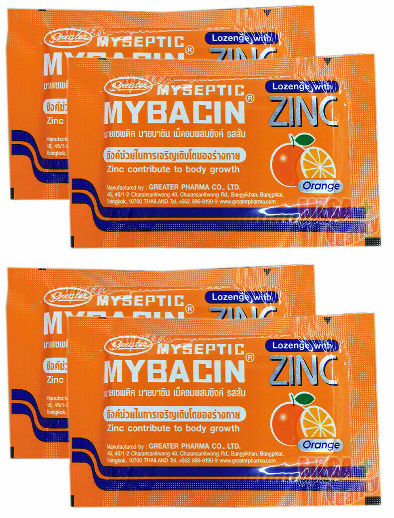 4 x Myseptic Mybacin Lozenge with Zinc Body Growth Relief Sore Throat # Orange