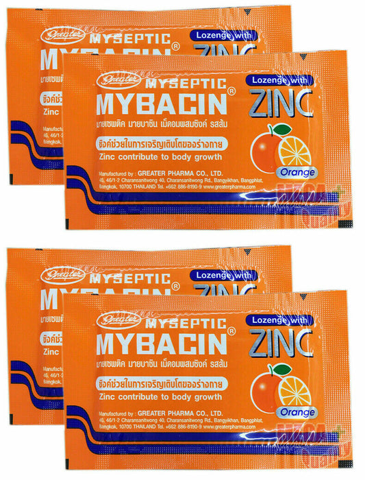 4 x Myseptic Mybacin Lozenge with Zinc Body Growth Relief Sore Throat # Orange