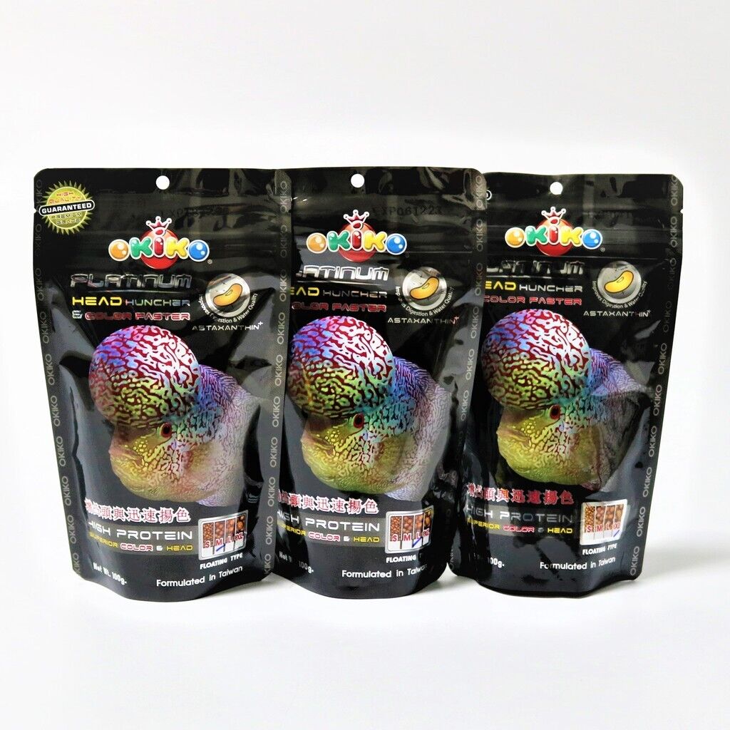3x Okiko Platinum Cichlid Flowerhorn Fish Food Floating Pellet Head Huncher 100g