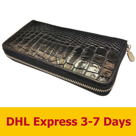 BLACK GENUINE CROCODILE WALLETS SKIN LEATHER BELLY ZIPPER WOMEN CLUTCH BAGS