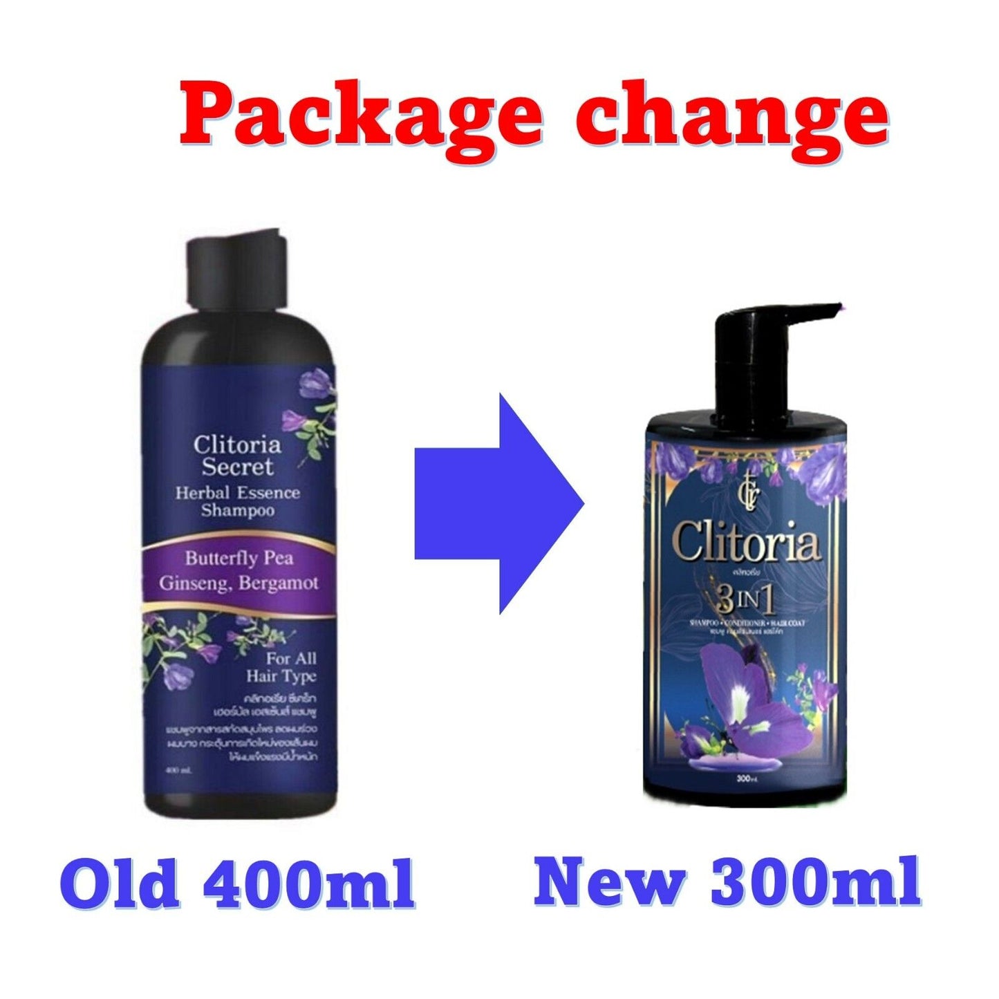 3x Clitoria Secret Shampoo Ginseng Butterfly Pea Aloe Vera Bergamot 300ml