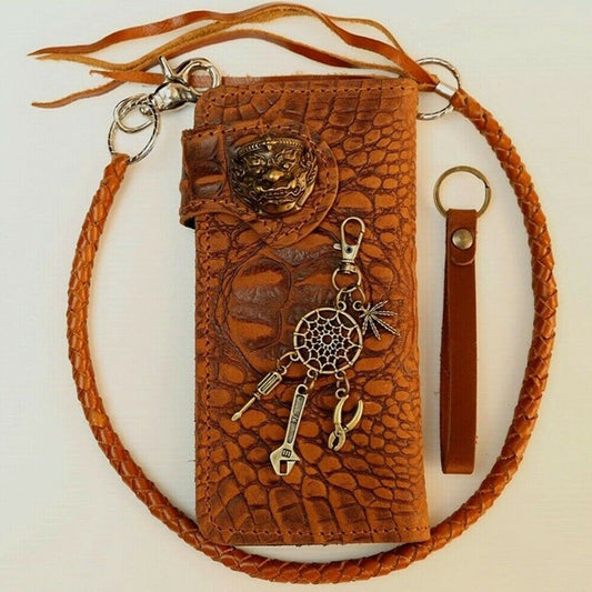 Leather Wallet Men's Brown Vintage Crocodile Pattern Hanuman Cowboy Long Crafts