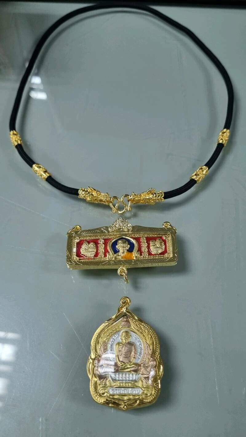 Set Phra LP Ruay Gold Micron Pendant Dragon Necklace Thai Buddha Amulet Wat Tako