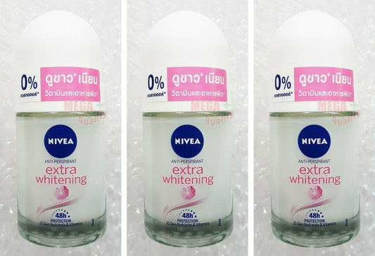 3 x NIVEA EXTRA WHITENING DEODORANT ROLL ON PLUCKING TIGHTENS PORES 48 HR 25 ml