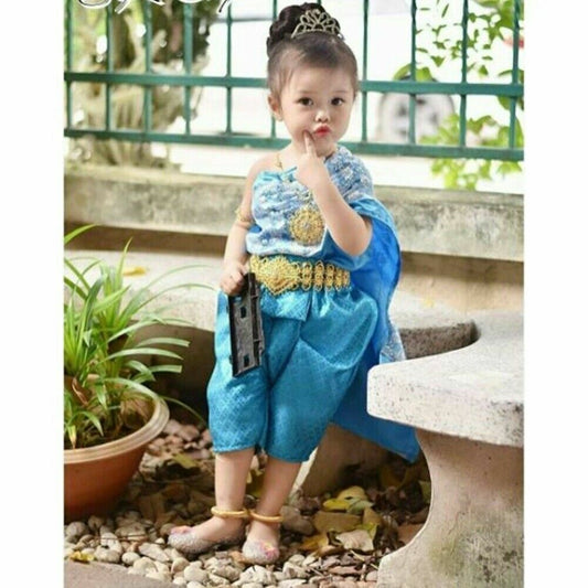 Clothing Dress Kid Girl Blue Red Ramthai Wedding Costume Tradition Dance Shaking