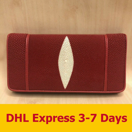 Red Genuine Stingray Skin Wallets Leather Bifold Clutch Women Bags Fashion