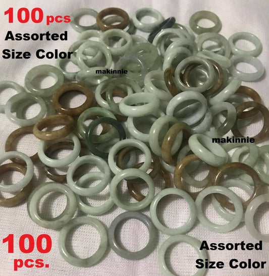 100 Pcs Burmese Jadeite Ring Bulk Lot Untreated Assorted Size Color Natural Jade