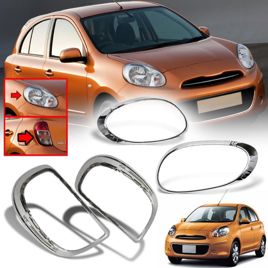 Set Head Tail Lamp Chrome Cover For Nissan March K13 Renault Pulse 2009-2013