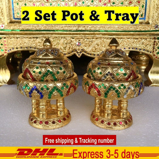 2 Set Pot & Tray Gold Wooden Collectible Vintage Home Decor Buddha Handmade Gift