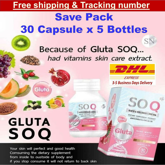 5x SOQ gluta Collagen 1000mg Radiance Skin Reduces Dark Spots Freckles 30 Caps