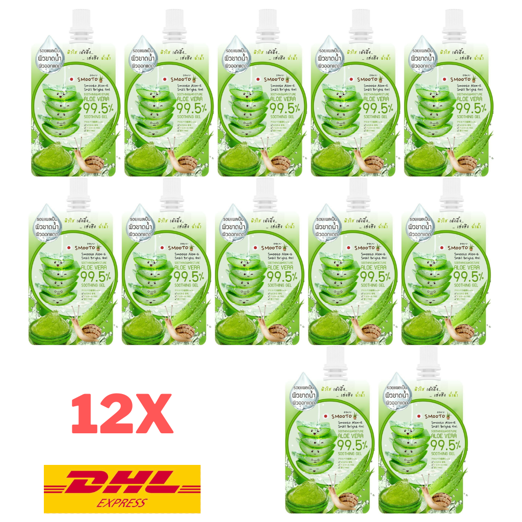 12x Smooto Aloe-E Snail Bright Gel Aloe Vera 99.5% with Snail Mucus Extract 50 g