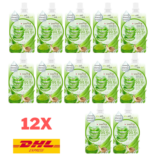12x Smooto Aloe-E Snail Bright Gel Aloe Vera 99.5% with Snail Mucus Extract 50 g
