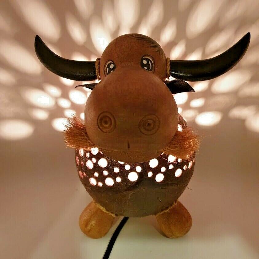 Buffalo Thai Hand Carved Handmade Wooden Crafts Coconut Shell Wood Lamp