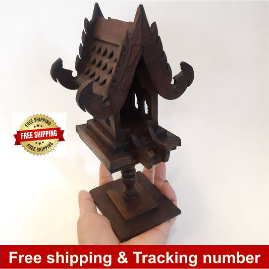 Wooden Spirit House Mini Thai Buddha Temple Teak Home Decor Handmade Sculpture