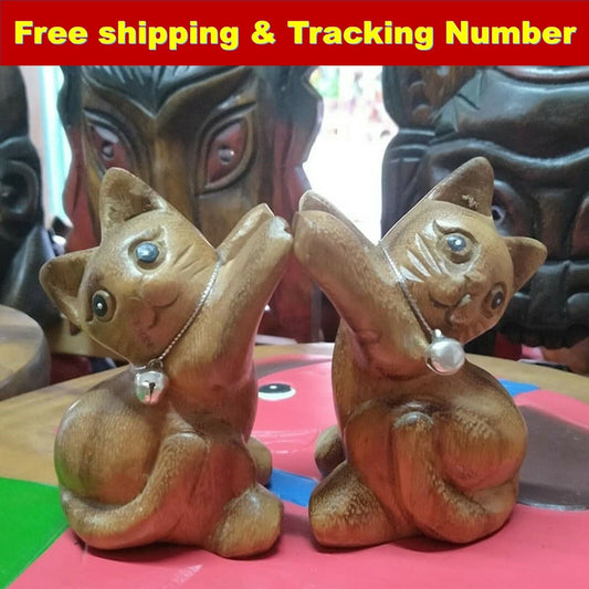 WOODEN PAIRS CAT Cheers Hand Carve Statue Figurine Crafted
