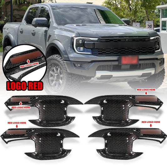Set Door Handle Bowl Red Logo Carbon Cover For Ford Ranger P703 Raptor 2022-2024