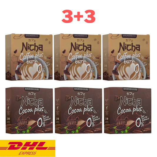 3x Nicha Cocoa + 3x Coffee Plus Burn Instant Drink Mix Powder Weight Management