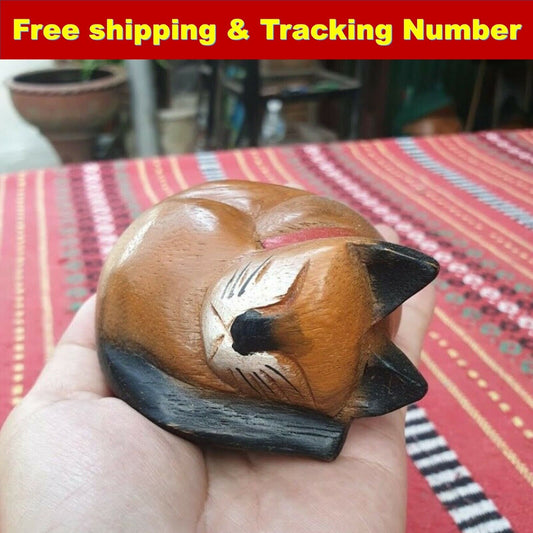 Wooden Cat Head Bend Hand Carved Rain Tree Wood Home Decor Collectible Gift Cute
