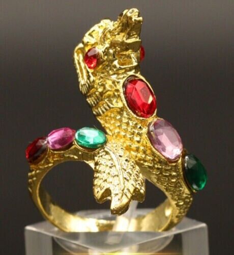 Naga Ring Brass Rhinestone Luck Charm Rich Dragon Jewelry Thai Buddhist Amulet