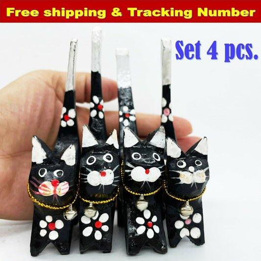 Wooden Long Tail Cat Figurine Carving Statue Sculpture Small Black & White Color