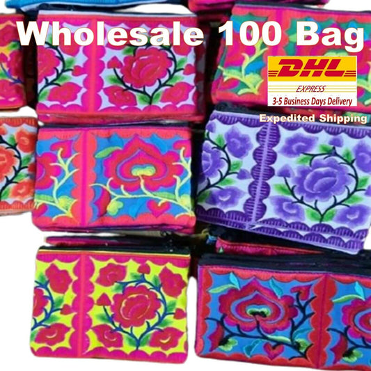 100x Floral Bag Coin Embroidered Thai Hmong Purse Wallet Wholesale DHL Express