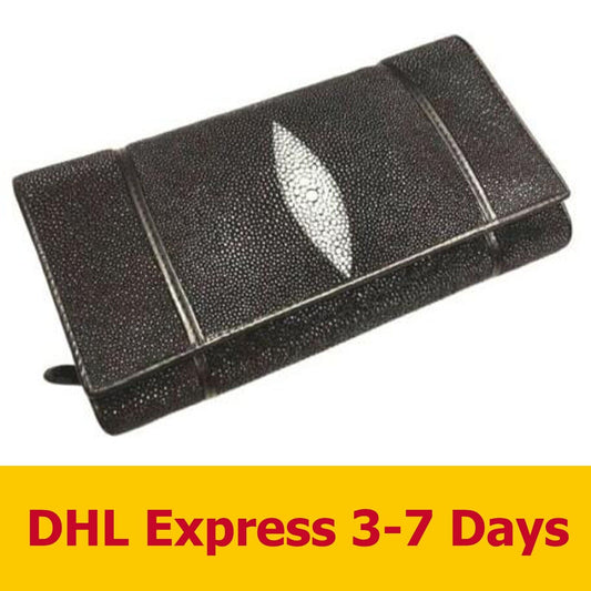 Black Genuine Stingray Wallet Skin Leather Long Bifold Button Lock Zipper Clutch