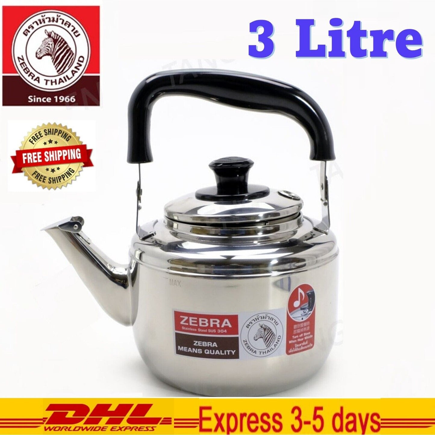 Zebra Brand Whistle Kettle Century Stainless Steel Thai kitchen Stove Top