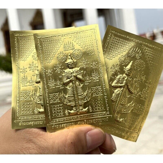 Talisman Gold Plated Wessuwan Giant God Mantra Lucky Deity Thai Buddha Amulet x3