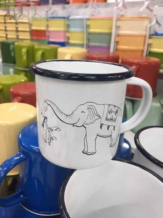 Thai Elephant Enamelware Cup Mug Vintage Coffee White Blue Thai Enamel Camping