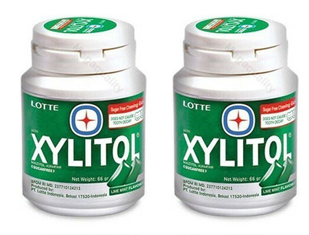 2 x LOTTE XYLITOL SUGAR FREE CHEWING GUM LIME MINT 58G.