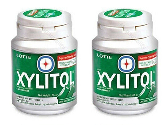 2 x LOTTE XYLITOL SUGAR FREE CHEWING GUM LIME MINT 58G.