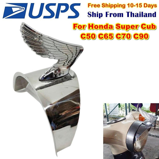 W6 Headlight Chrome Cap Visor Wing For Honda Super Cub C50 C65 C70 C90 Emblem