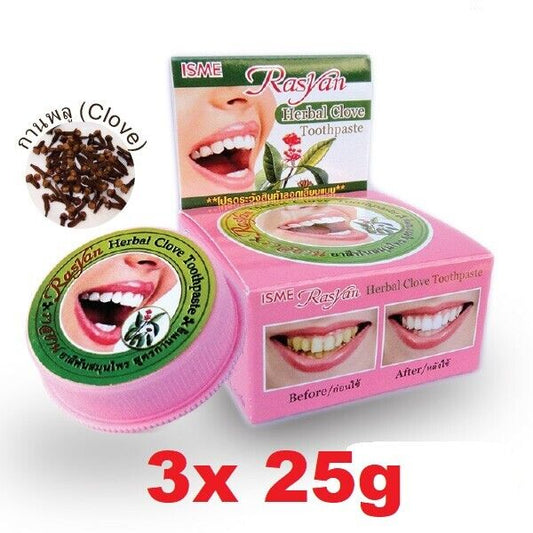 3x Rasyan Herbal Clove Toothpaste Thai Teeth Whitening Remove Plaque Stain 25 g