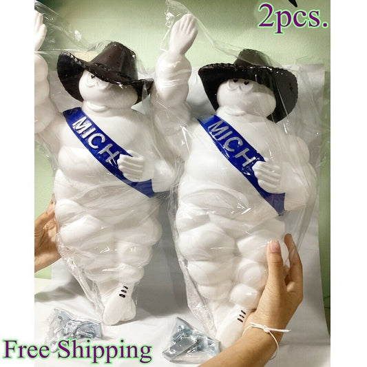 2 x 17 inch Plastic Michelin Dolls With Cowboy Hat + Led Light Bracket Hi White