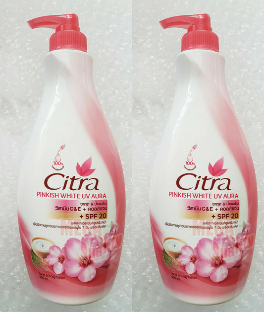 2x Citra Pinkish White UV Aura Sakura Rice Milk SPF20 Hand And Body Lotion 370ml