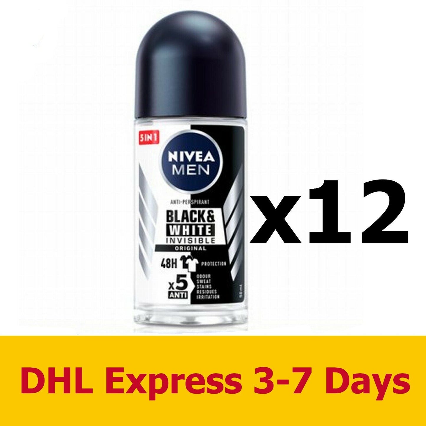 12x50ml Nivea Men Roll-on Invisible Black & White Original Deodorants Roll on