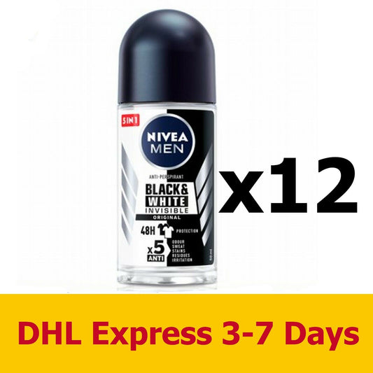 12x50ml Nivea Men Roll-on Invisible Black & White Original Deodorants Roll on